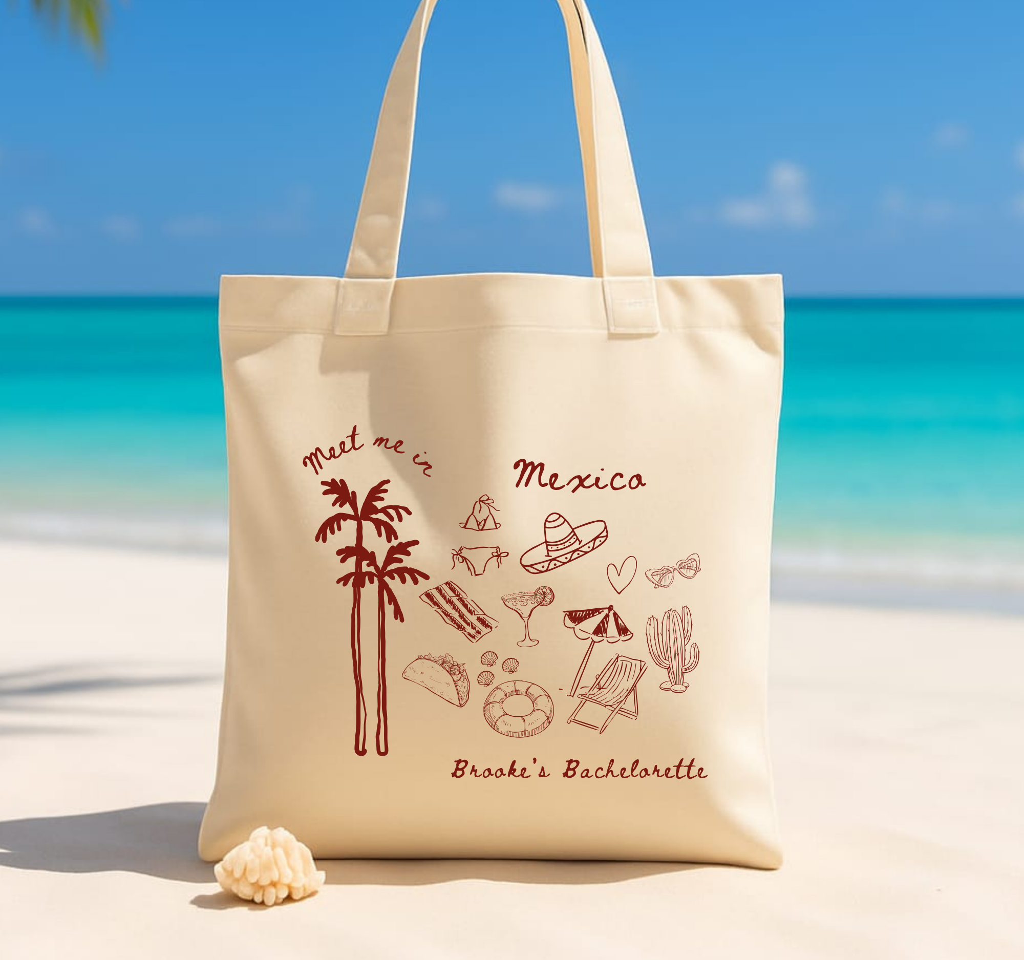 Mexico Bachelorette Destination Wedding Welcome Tote - Hand Drawn Beach Doodle Design