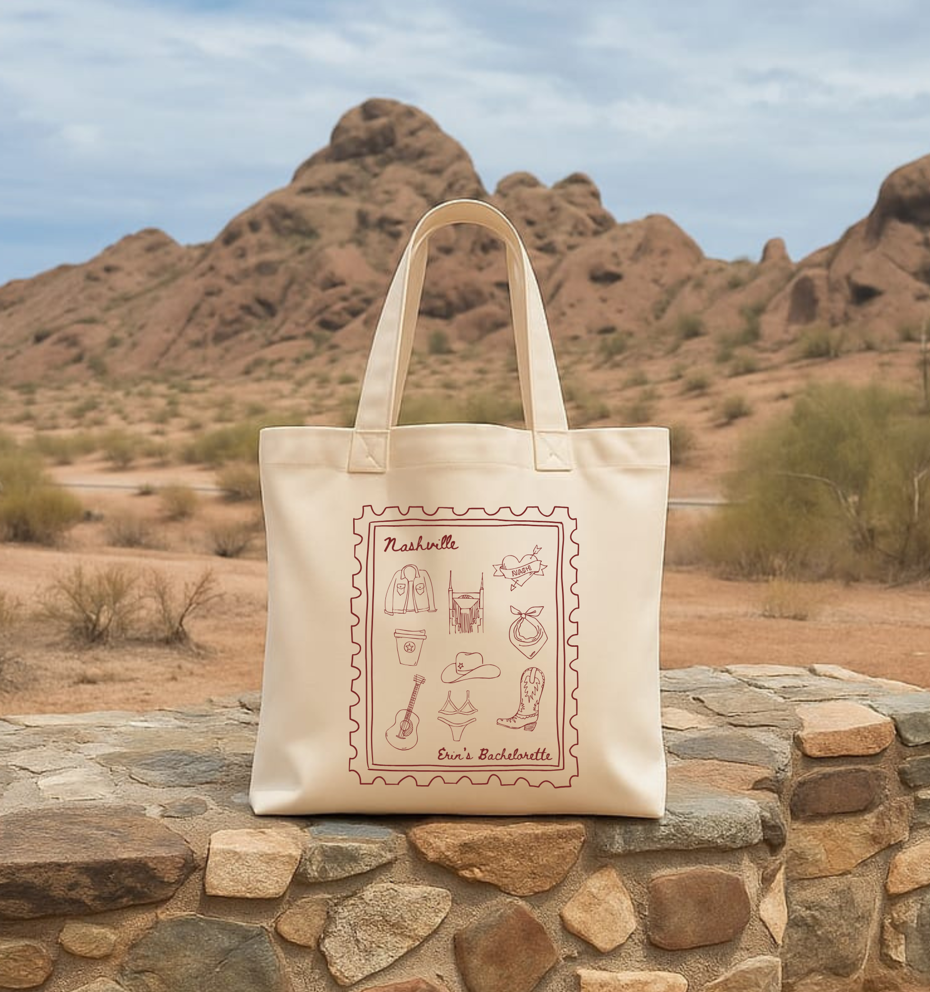 Nashville Hand Drawn Trendy Bachelorette Tote - Customizable Cowgirl Gift Bag
