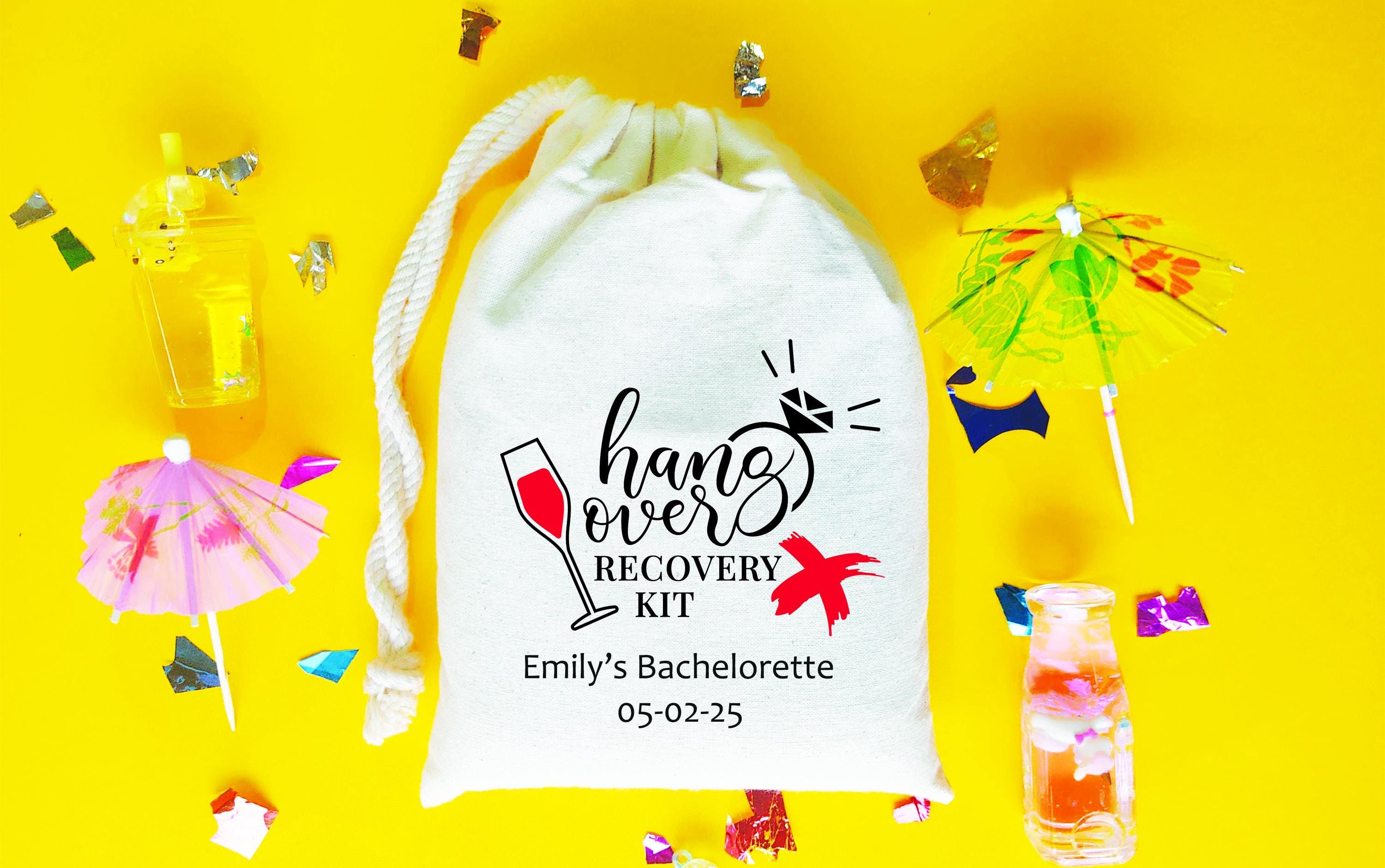 Hangover Recovery Kit Bag Bachelorette Party Favor Personalized Bridal Shower Girls Trip Gift with Names and Date